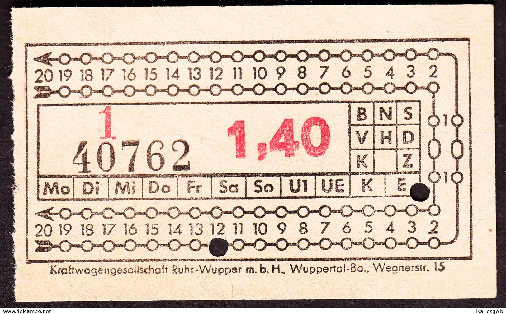 Wuppertal Kraftwagenverkehr Ruhr-Wupper ~1952 1,40 DM Omnibus- Fahrschein Boleto Biglietto Ticket Billet - Europa