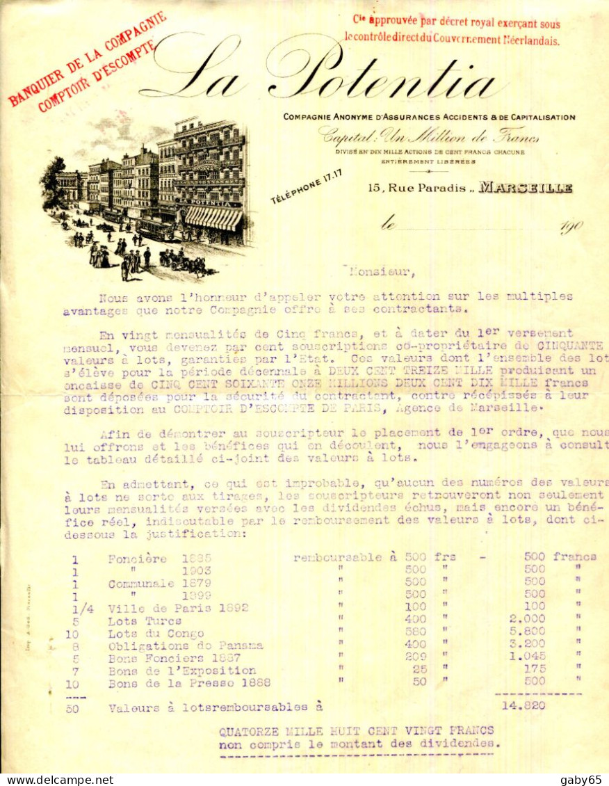 FACTURE.MARSEILLE.COMPAGNIE D'ASSURANCES ACCIDENTS " LA POTENTIA " 15 RUE PARADIS. - Banca & Assicurazione