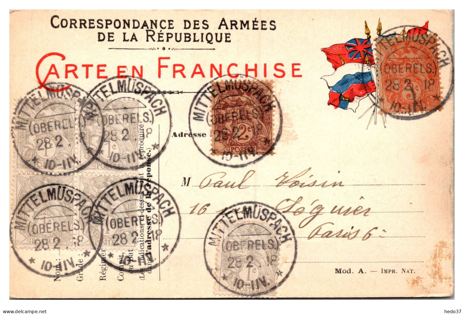 France Type Blanc - Affranchissement Sur Carte FM - Départements Bas Rhin - Haut Rhin - Moselle - Mittelmuspach - 1900-29 Blanc