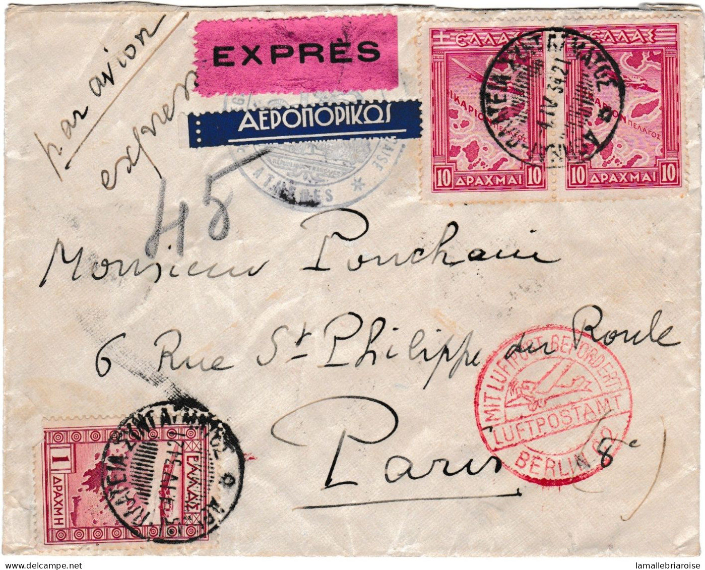 1934, Délégation De France En Grèce Pour Paris Via Berlin, Cachet Poste Aérienne Allemand - Affrancature Meccaniche Rosse (EMA)