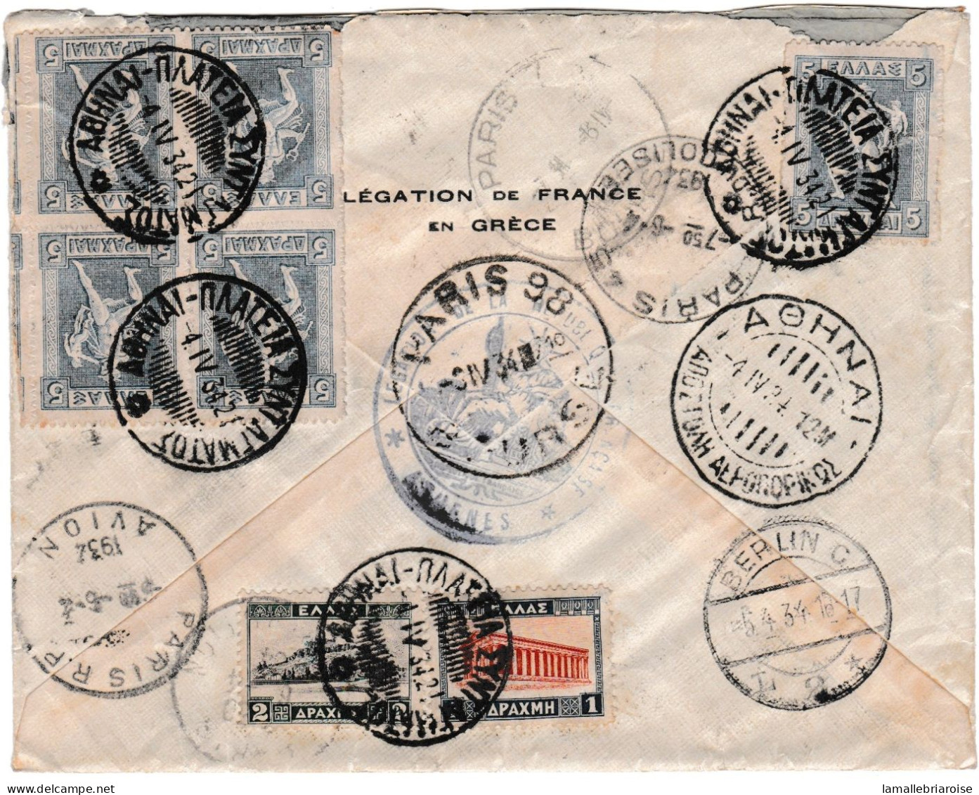 1934, Délégation De France En Grèce Pour Paris Via Berlin, Cachet Poste Aérienne Allemand - Postmarks - EMA (Printer Machine)
