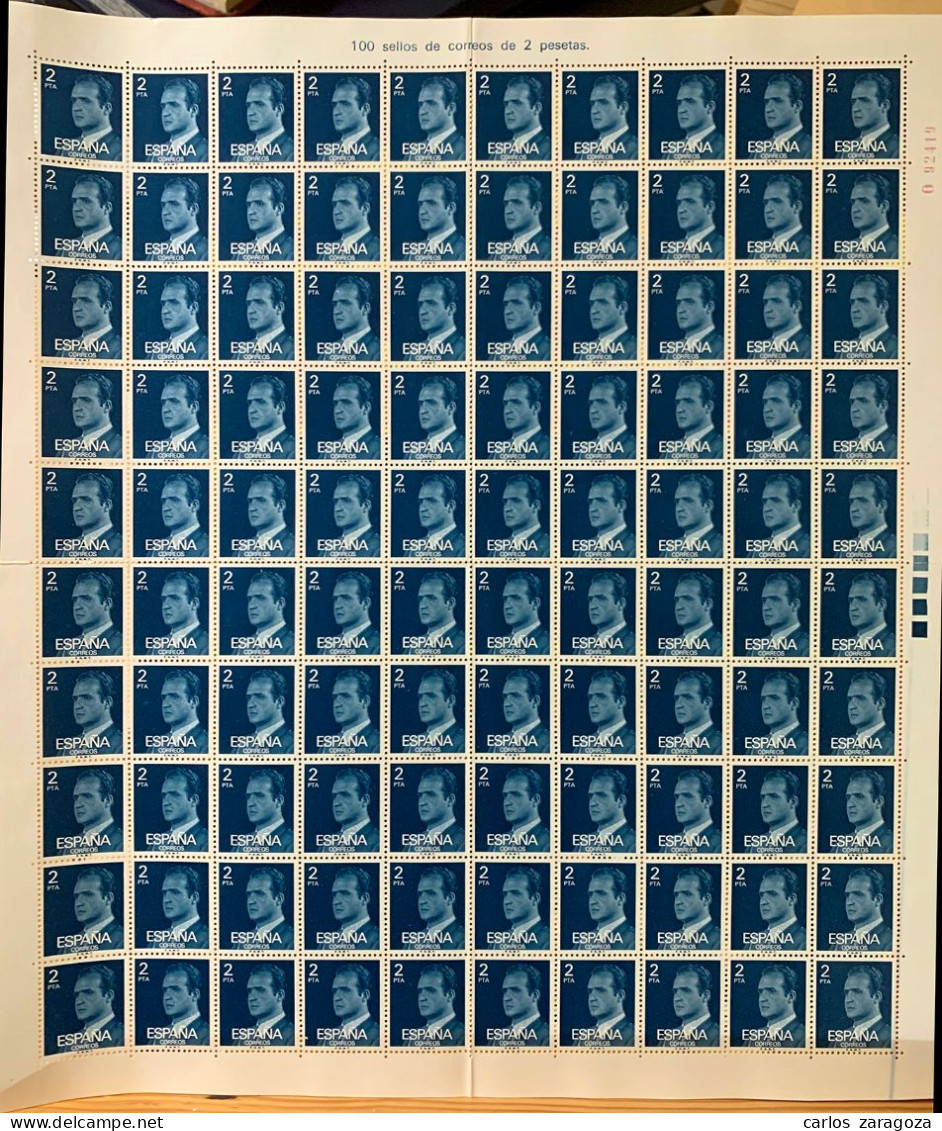 SPAIN 1976—KING JUAN CARLOS #1975—COMPLETE SHEET 100 MNH STAMPS—DEFINITIVE ISSUE—ESPAGNE Feuille Yt 1991 Timbres Neufs - Feuilles Complètes