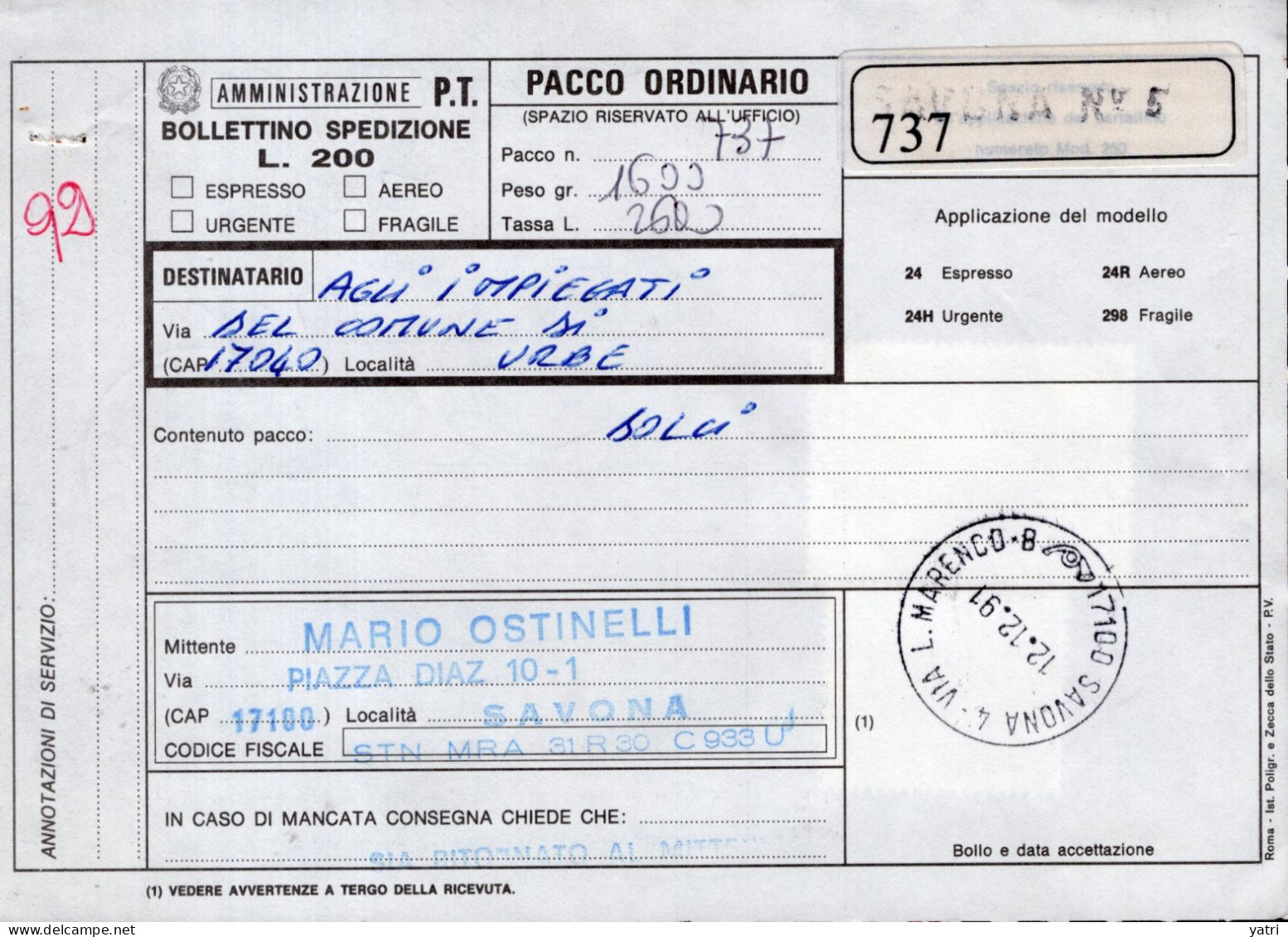 Italia (1991) - Bollettino Pacchi Da Savona Per Urbe (dolci) - Paketmarken