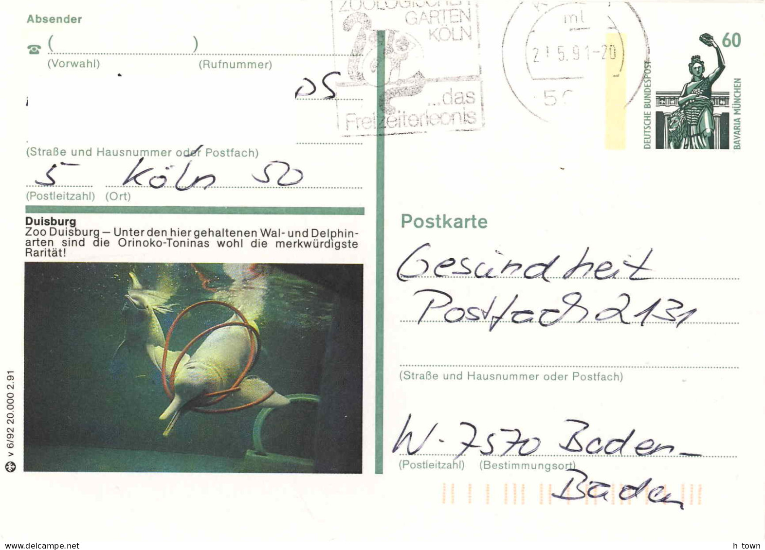 224  Dauphin Rose De L'Amazone: Entier (c.p.) D'Allemagne - Amazon River Dolphin, Zoo Duisburg Stationery Postcard - Dauphins