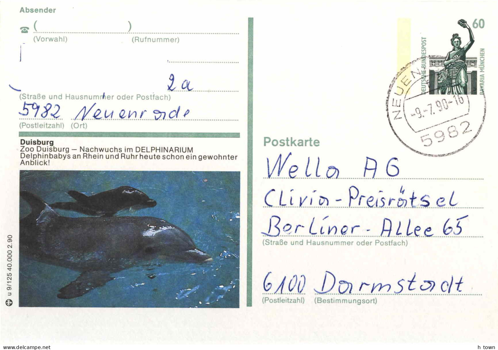 224  Dauphin: Entier (c.p.) D'Allemagne, 1990 - Dolphin, Zoo Duisburg Stationery Postcard - Dauphins