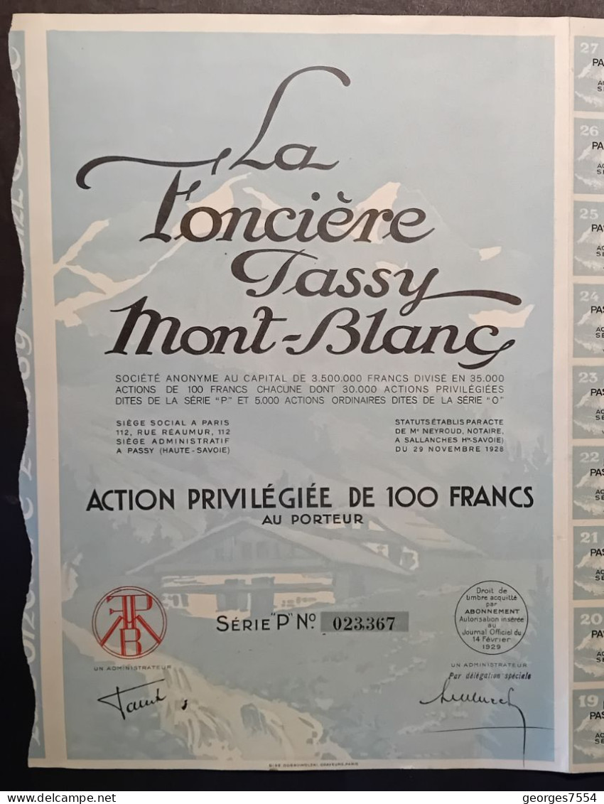 ACTION De 100 Frs. - LA FONCIERE PASSY MONT-BLANC 1929 - Tourism