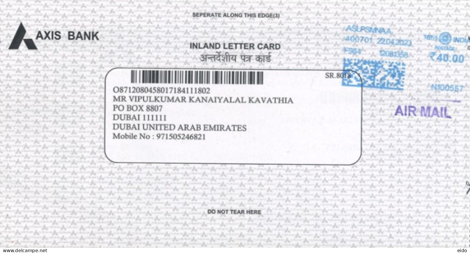 INDIA - 2023 - POSTAL FRANKING MACHINE COVER TO DUBAI. - Lettres & Documents