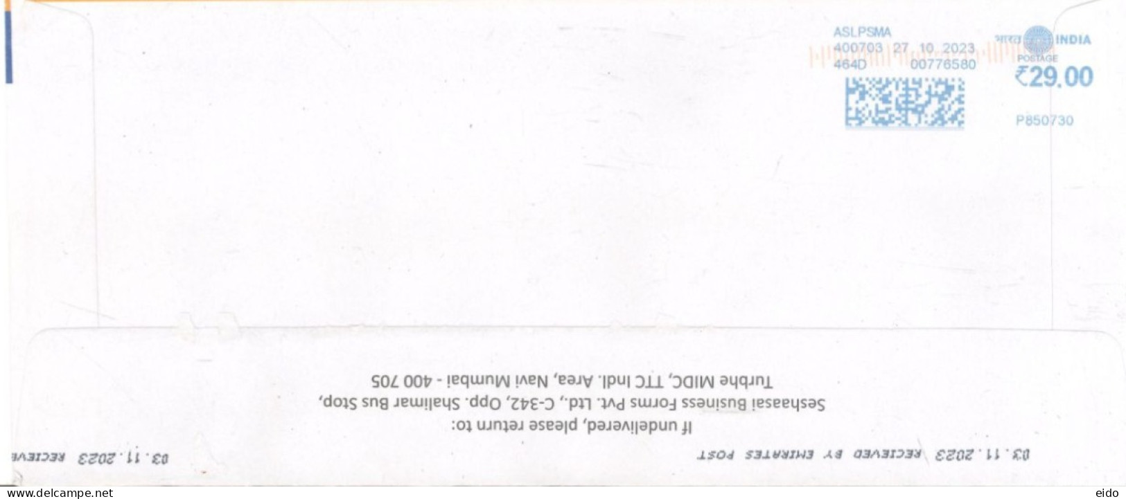 INDIA - 2023 - POSTAL FRANKING MACHINE COVER TO DUBAI. - Lettres & Documents