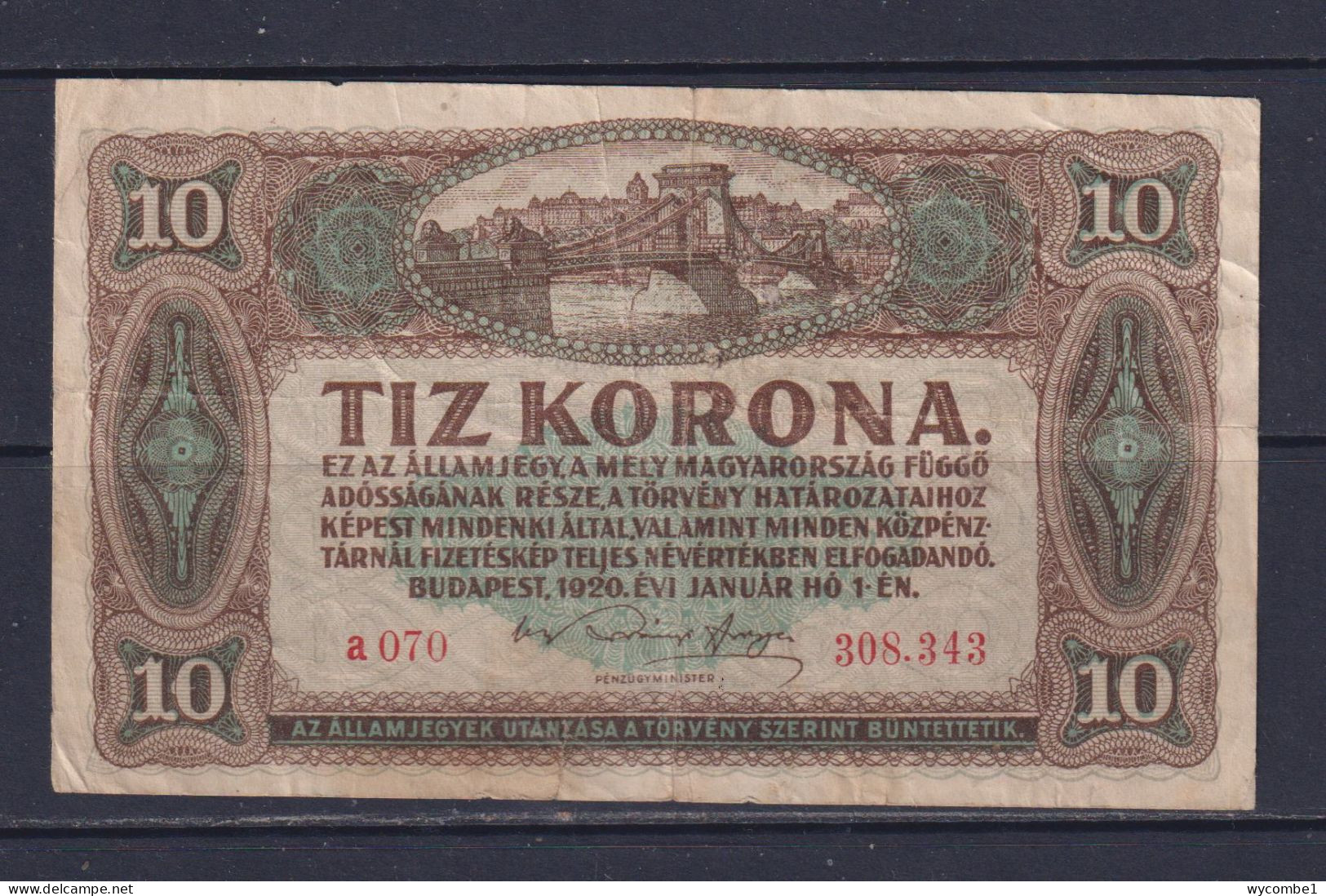 HUNGARY - 1920 10 Korona Circulated Banknote - Hungría