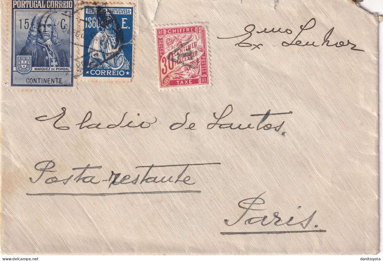 1929. Carta Circulada Desde Lisboa A Paris Con Sellos De Portugal Y Taxa De Francia - Lettres & Documents