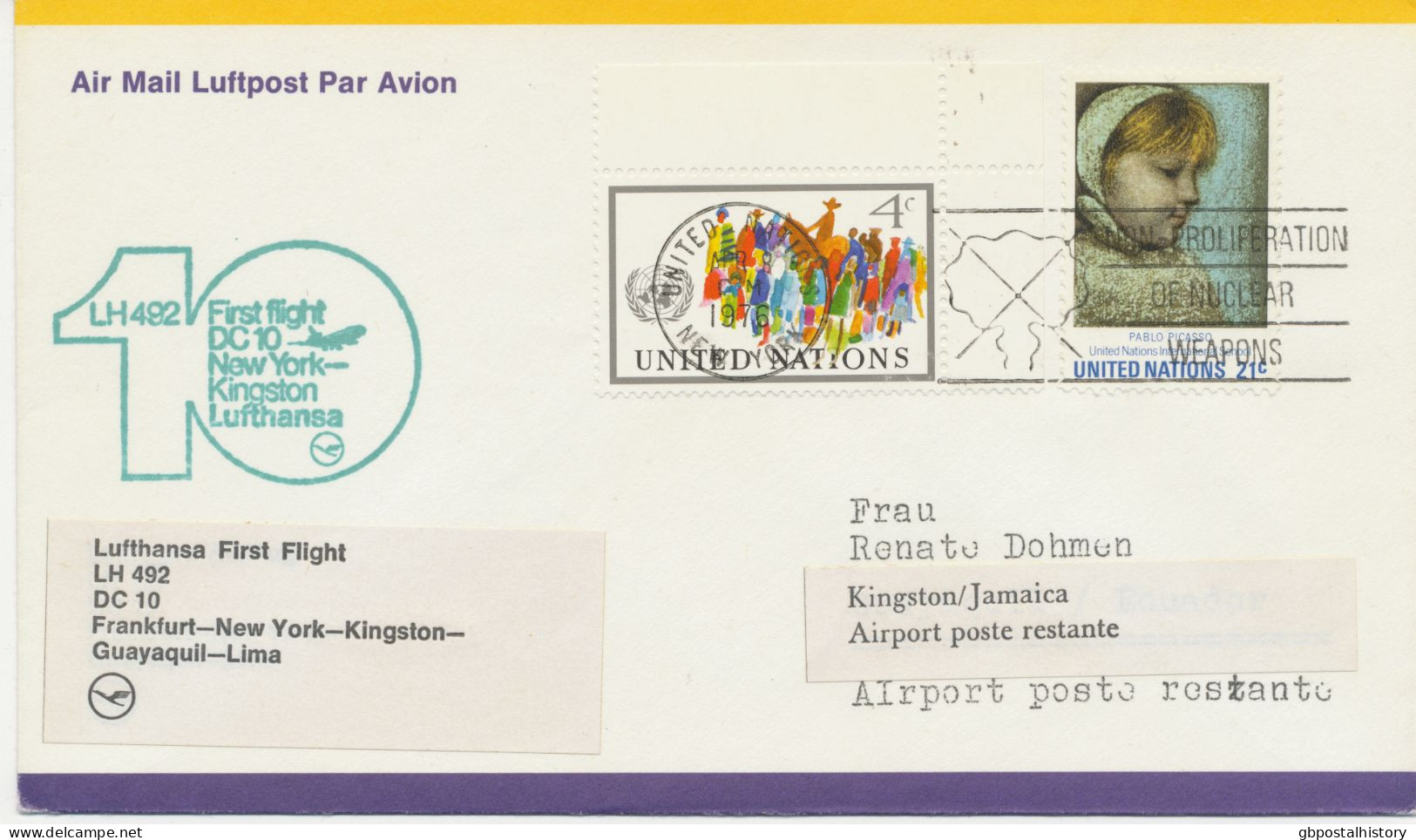 VEREINTE NATIONEN NEW YORK 8.4.1976, Erstflug Deutsche Lufthansa Mit DC10 Flug LH 492 „NEW YORK/UNO – KINGSTON (Jamaika) - Airmail