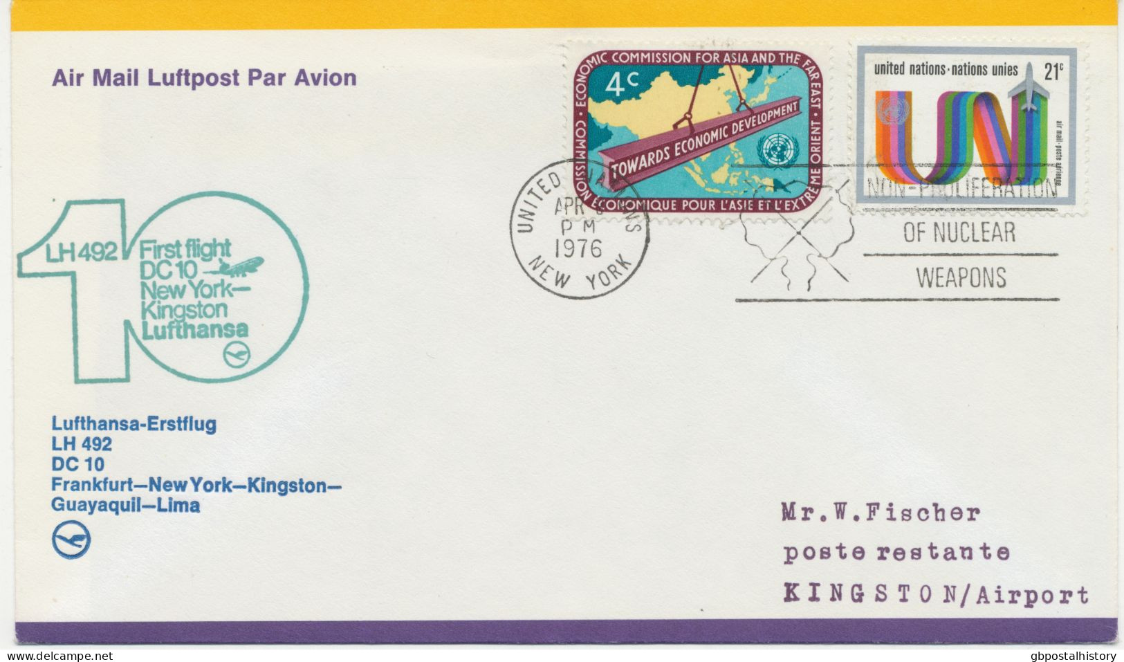 VEREINTE NATIONEN NEW YORK 8.4.1976, Erstflug Deutsche Lufthansa Mit DC10 Flug LH 492 „NEW YORK/UNO – KINGSTON (Jamaika) - Airmail