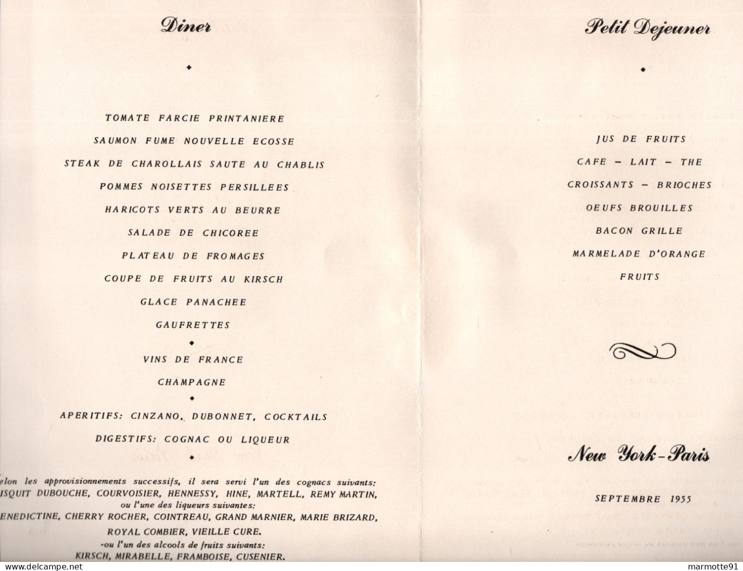 AIR FRANCE MENU NEW YORK PARIS 1955 AVIATION CIVILE - Menu Kaarten