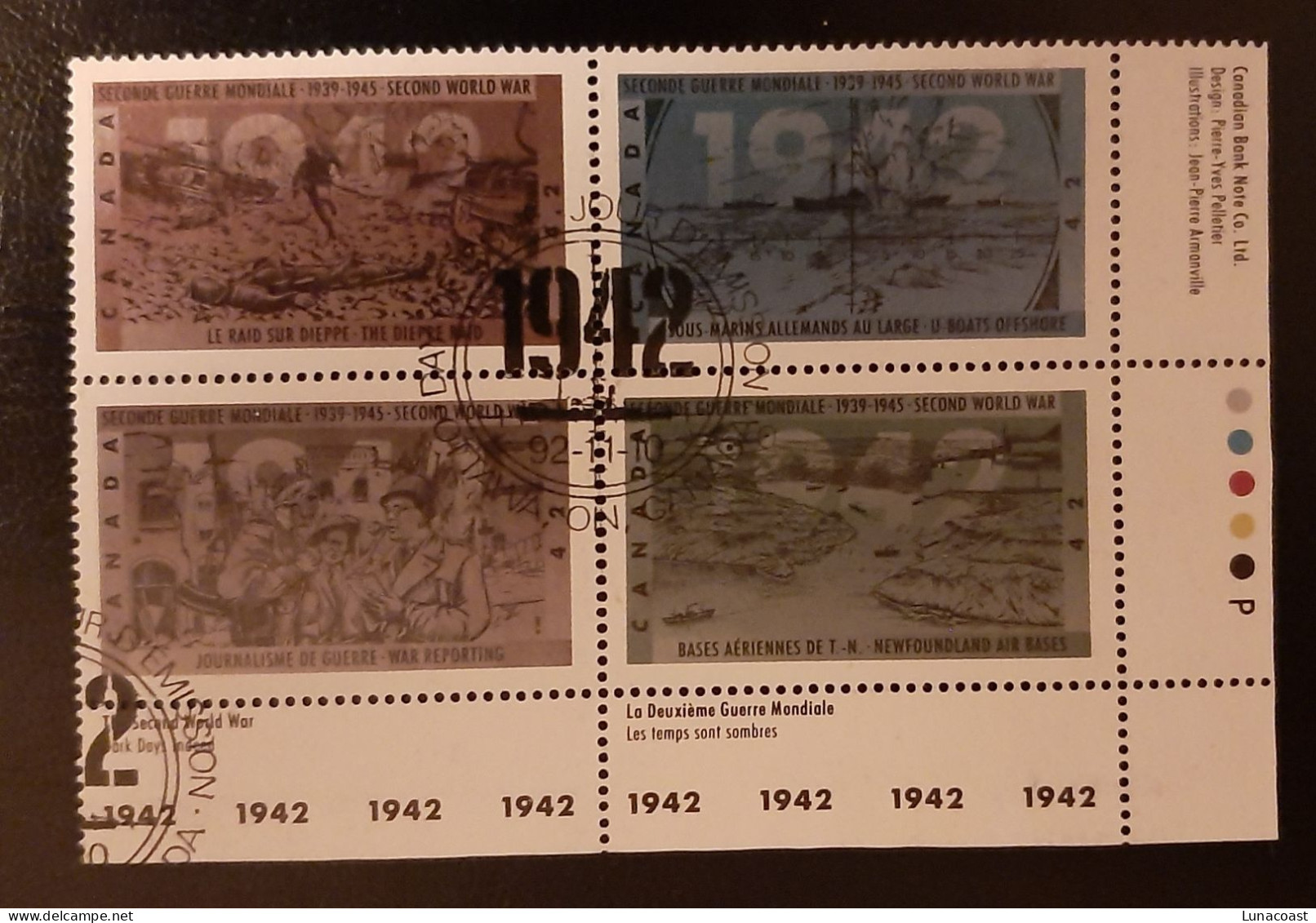 Canada 1992  USED  Sc1451a   Se-tenant Plate Block Of 4 X 42c  Second World War 1942 - Gebraucht