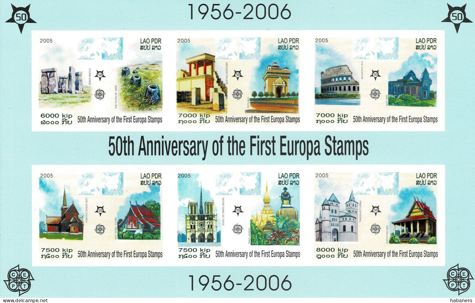LAOS 2005 Mi BL 194B 50th ANNIVERSARY OF CEPT EUROPA MINT IMPERFORATED MINIATURE SHEET ** VALUE €30 - 2006