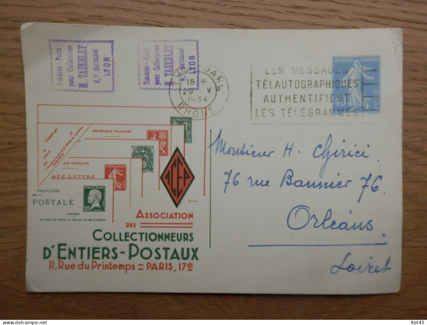CARTE COLLECTIONNEURS D' ENTIERS-POSTAUX 1934 - Cards/T Return Covers
