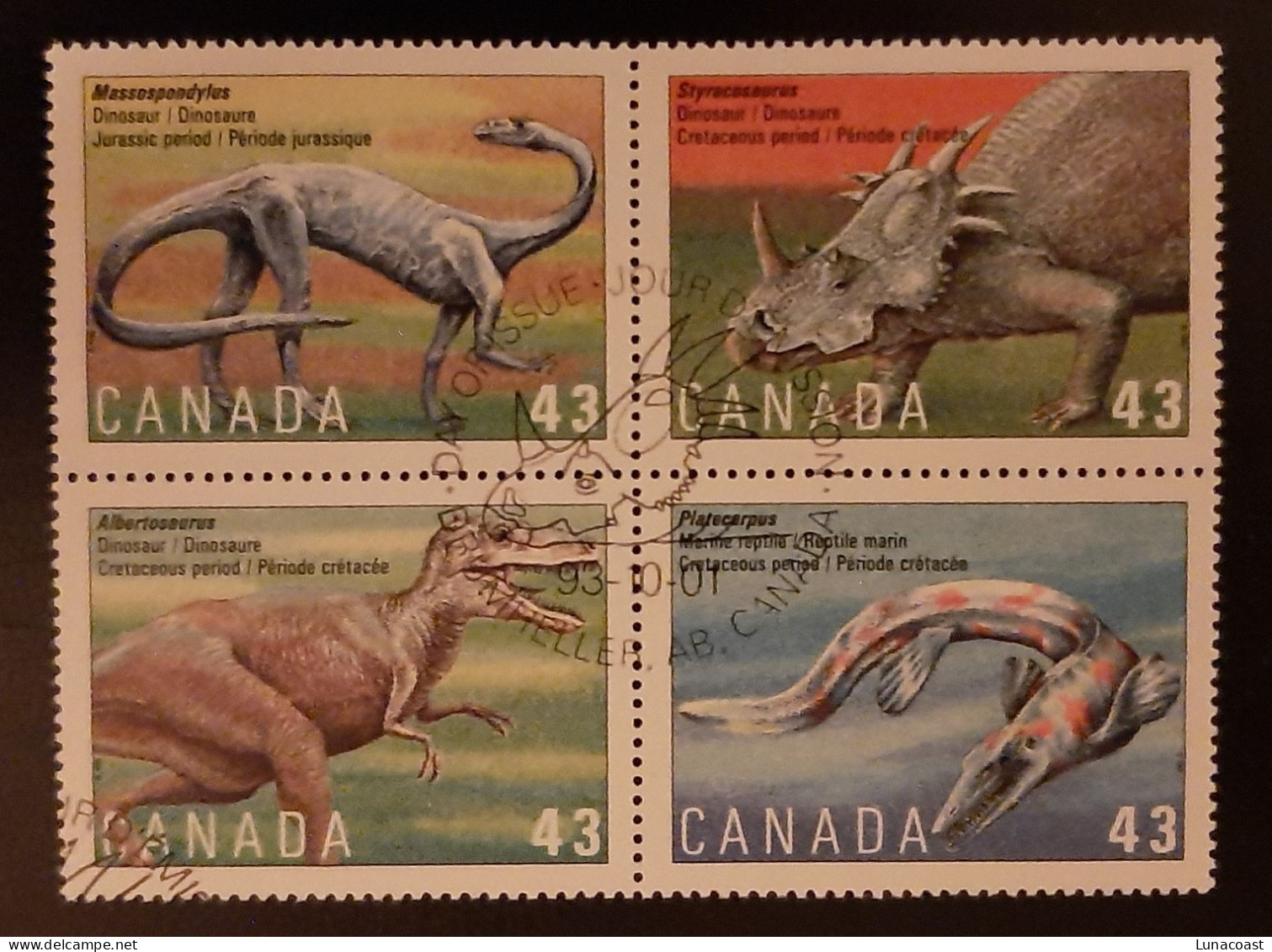 Canada 1993  USED  Sc1498a  Se-tenant Block Of 4 X 43c  Prehistoric Life - 3 - Oblitérés