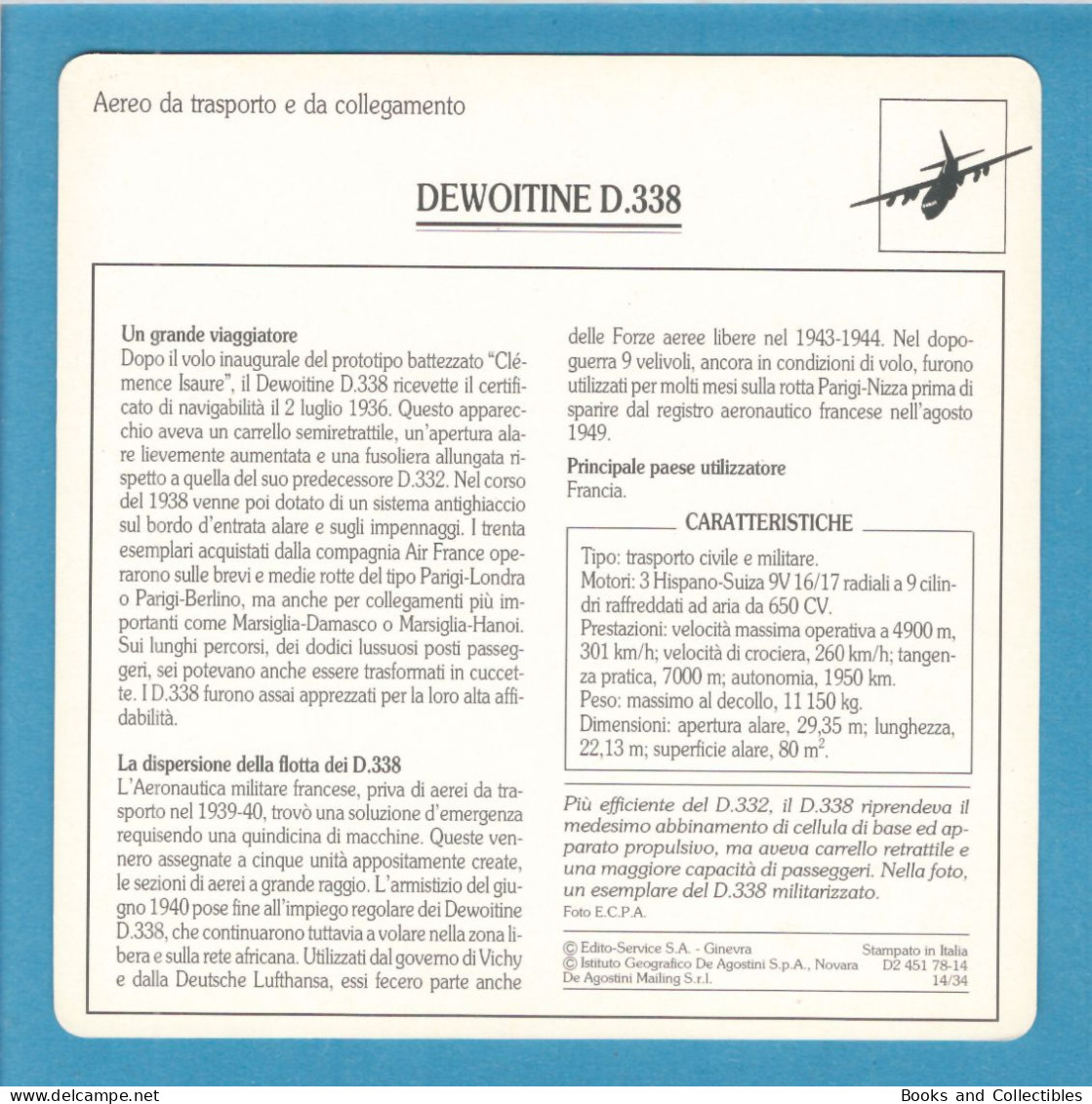 DeAgostini Educational Sheet "Warplanes" / DEWOITINE D.338 (France) - Aviation