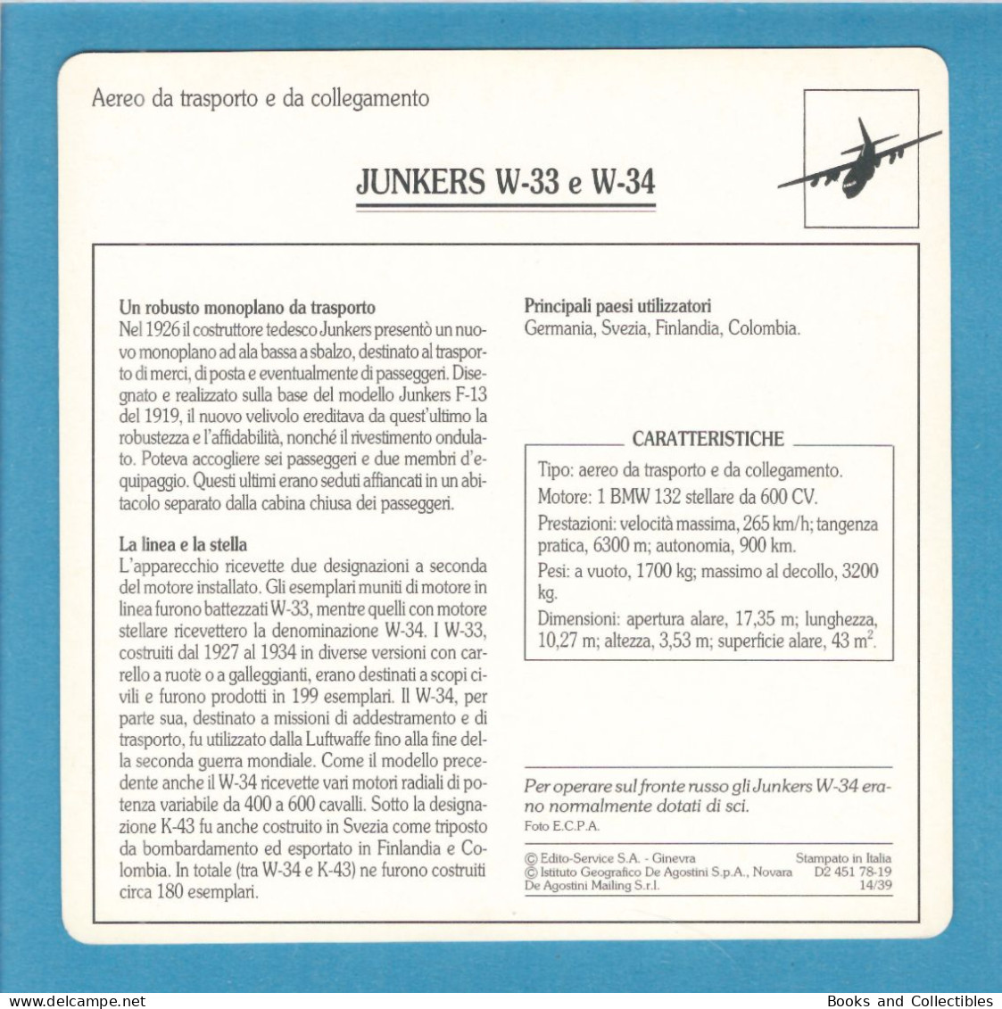 DeAgostini Educational Sheet "Warplanes" / JUNKERS W-33 And W-34 (Germany) - Aviation