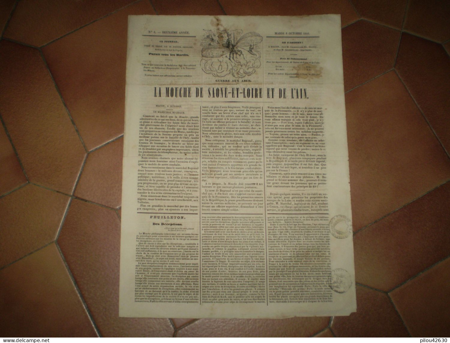 Journal De 1844; LA MOUCHE De Saône Et Loire Et De L'Ain Du Docteur Ordinaire, Timbre Fiscal Humide - 1800 - 1849