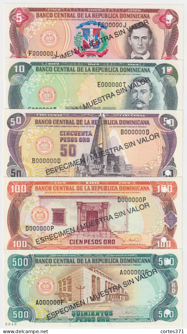 Dominican Republic 5, 10, 50, 100, 500 Pesos Oro 1995 P-147s - P-151s SPECIMEN UNC - Specimen