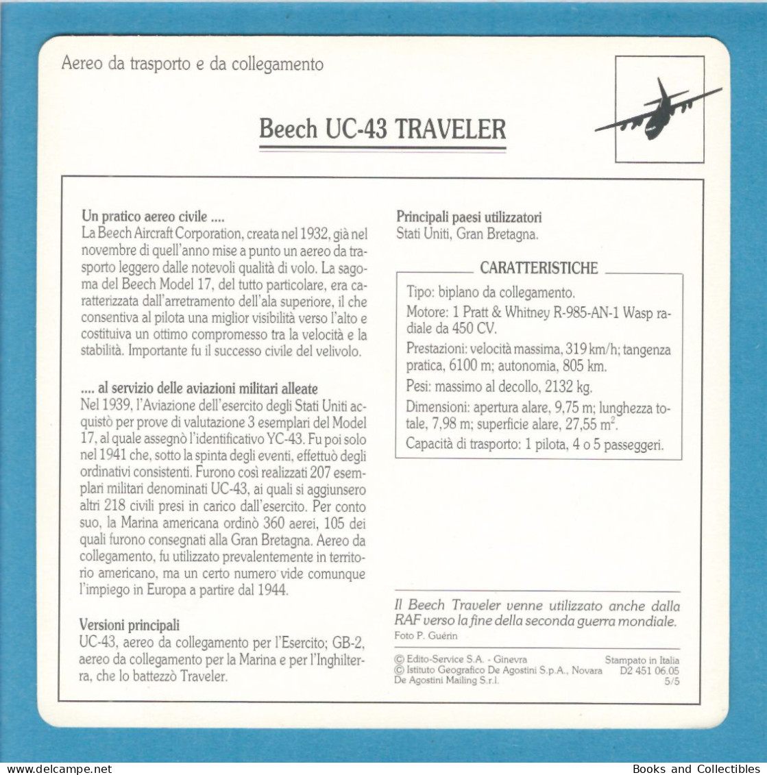 DeAgostini Educational Sheet "Warplanes" / Beech UC-43 TRAVELLER (USA) - Aviation