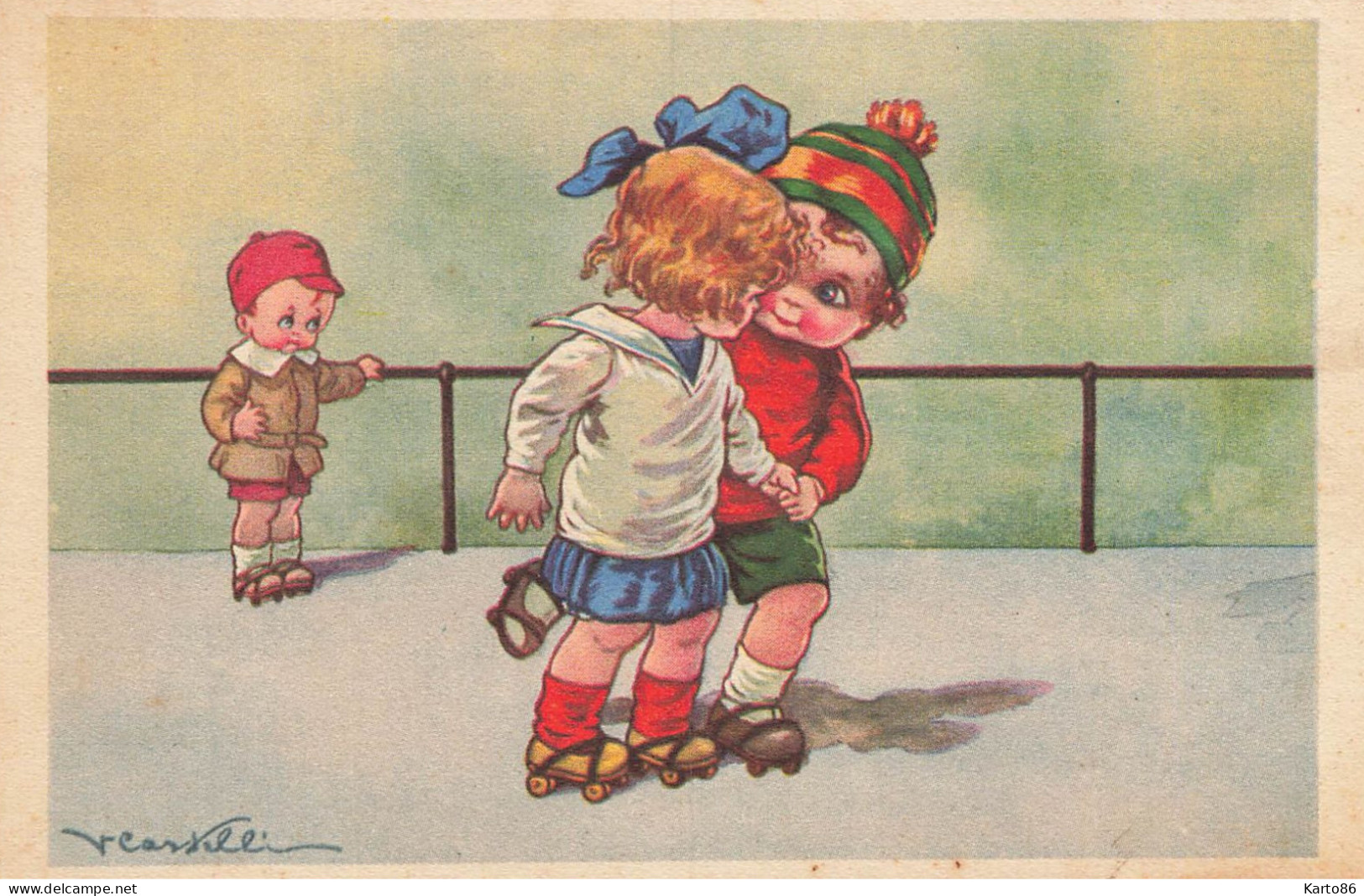 V. CASTELLI * CPA Illustrateur Italia Castelli * N°573-4 * Skating Patins à Roulettes Enfants - Castelli