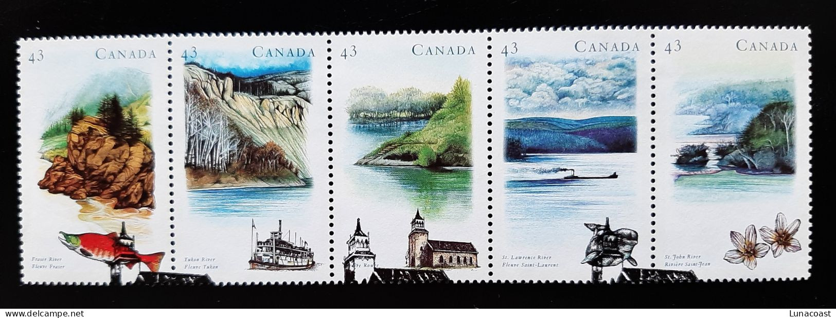 Canada 1993  USED  Sc1489a   Strip Of 5 X 43c  Heritage Rivers - 3 - Oblitérés