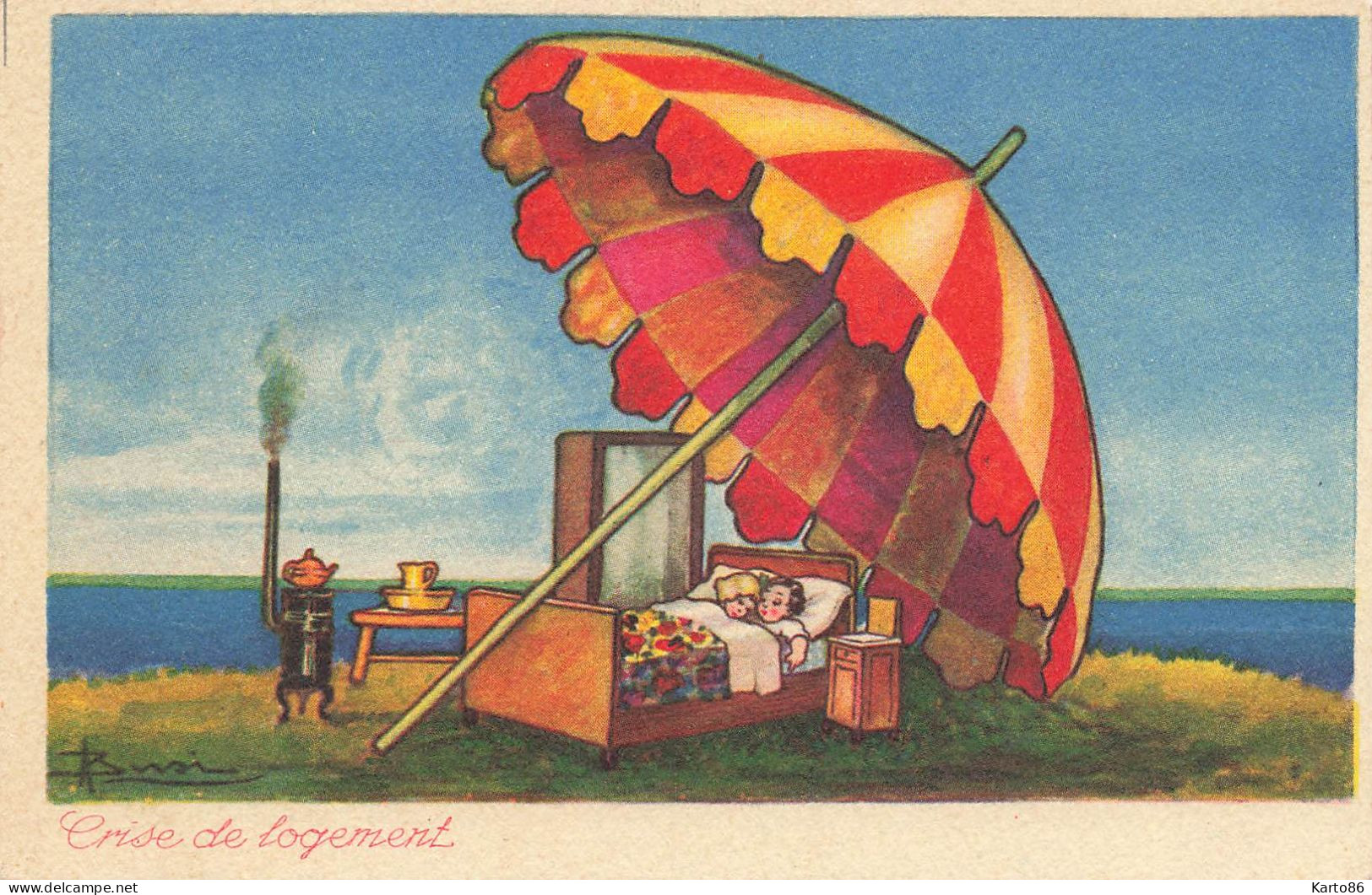 A. BUSI * CPA Illustrateur Italia Busi * N°641-1 * " Crise De Logement " * Enfants Maison Grand Parasol - Busi, Adolfo