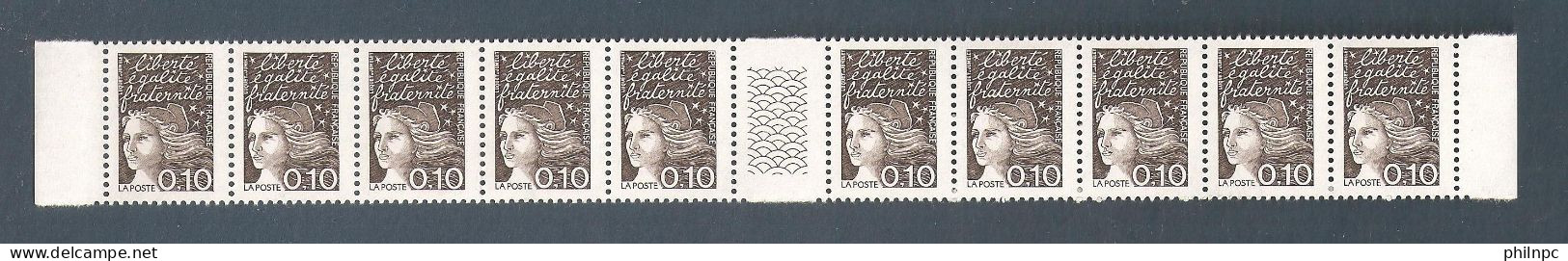 France, 3086c, Sans Barre Phosphorescente Tenant à Normal, 3086, Bande De 10 Timbres, Neuf **, TTB, Marianne De Luquet - 1997-2004 Marianna Del 14 Luglio