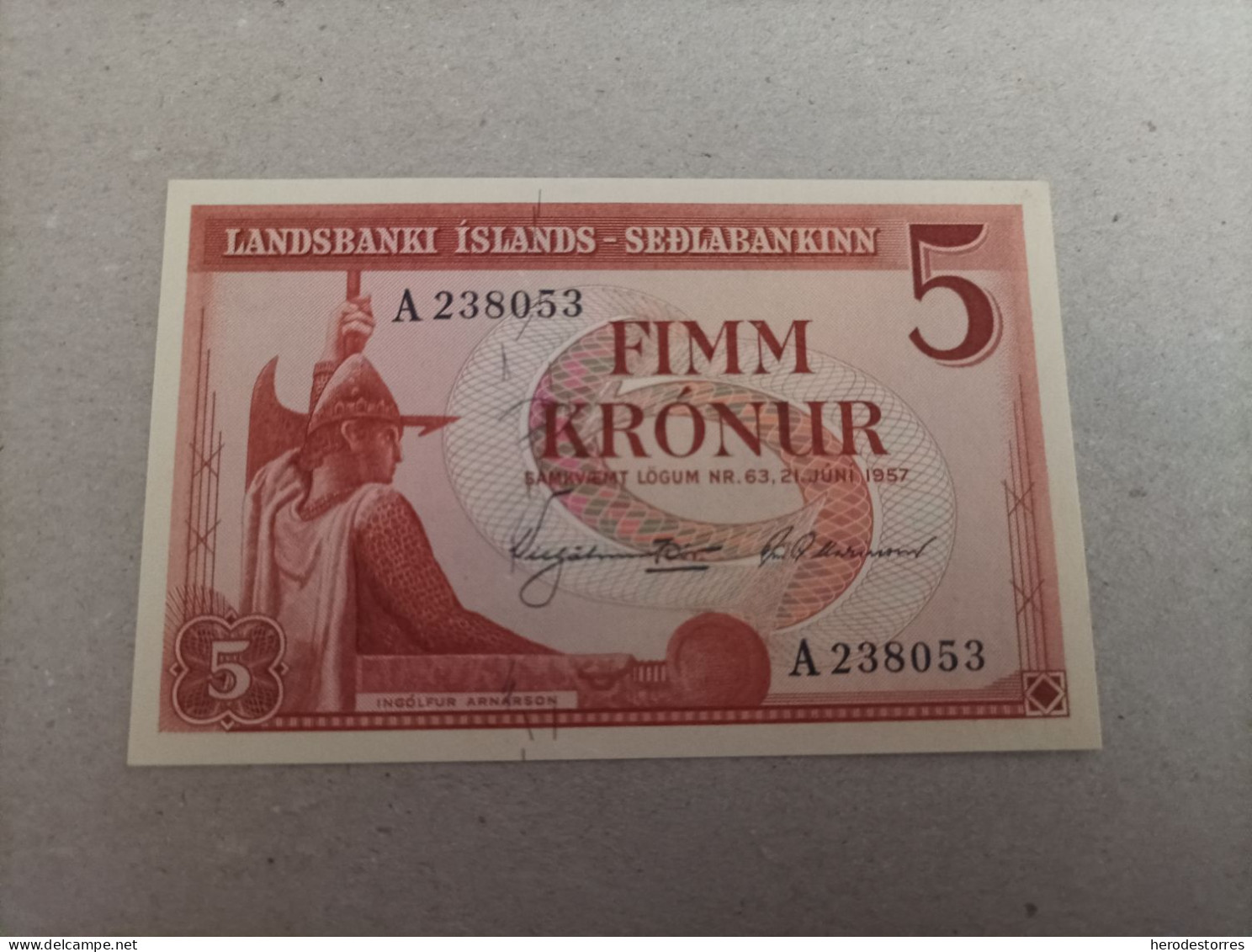 Billete De Islandia De 5 Kronur, Año 1957, Serie A, UNC - Island