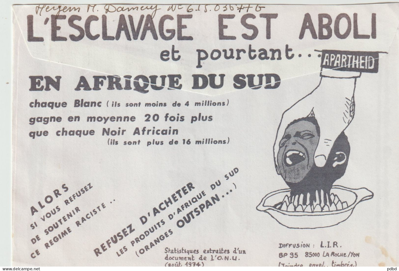 ENV 48 . Enveloppe Illustrée . L'esclavage Est Aboli . Apartheid . L I R La Roche-sur-Yon . - Autres & Non Classés