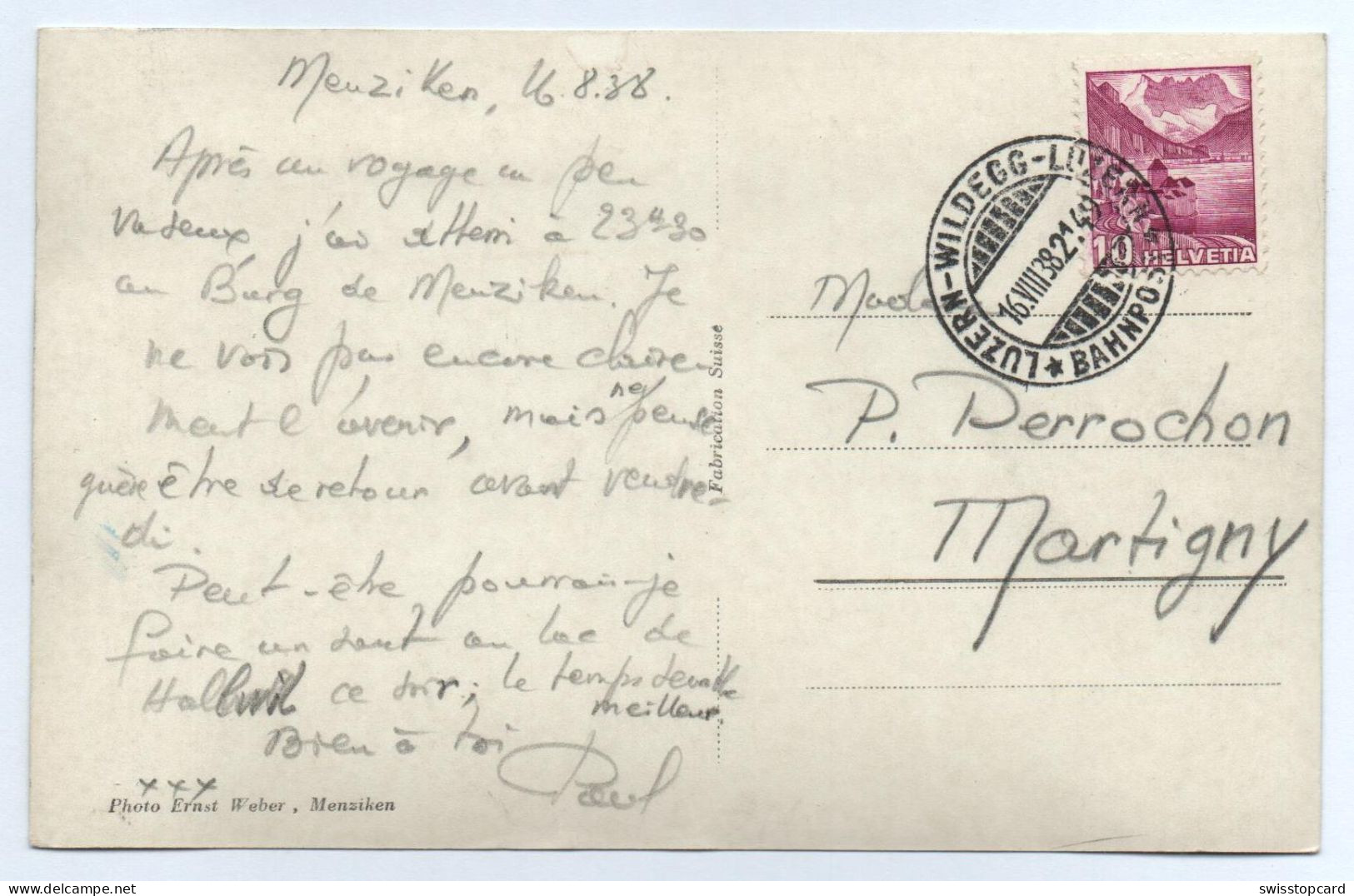 MENZIKEN Gel. 1938 Stempel Bahnpost Luzern-Wildegg-Luzern - Menziken