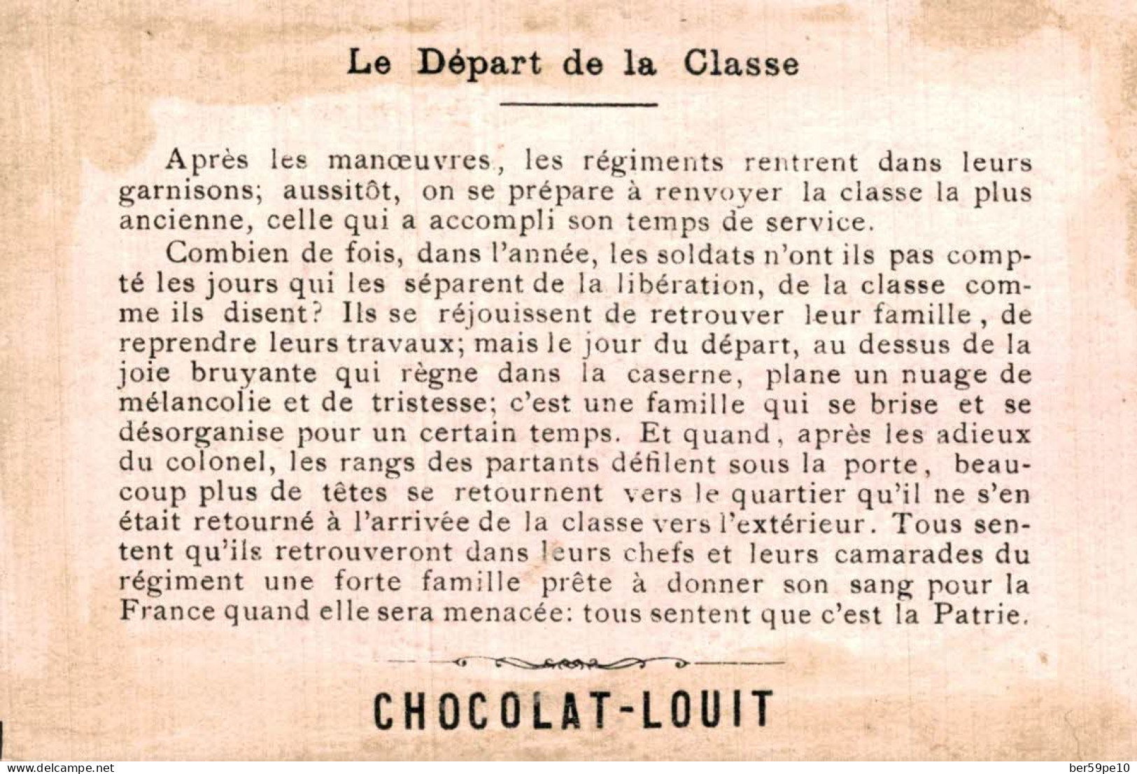 CHROMO CHOCOLAT LOUIT SOLDATS MILITAIRES N°25 LE DEPART DE LA CLASSE - Louit