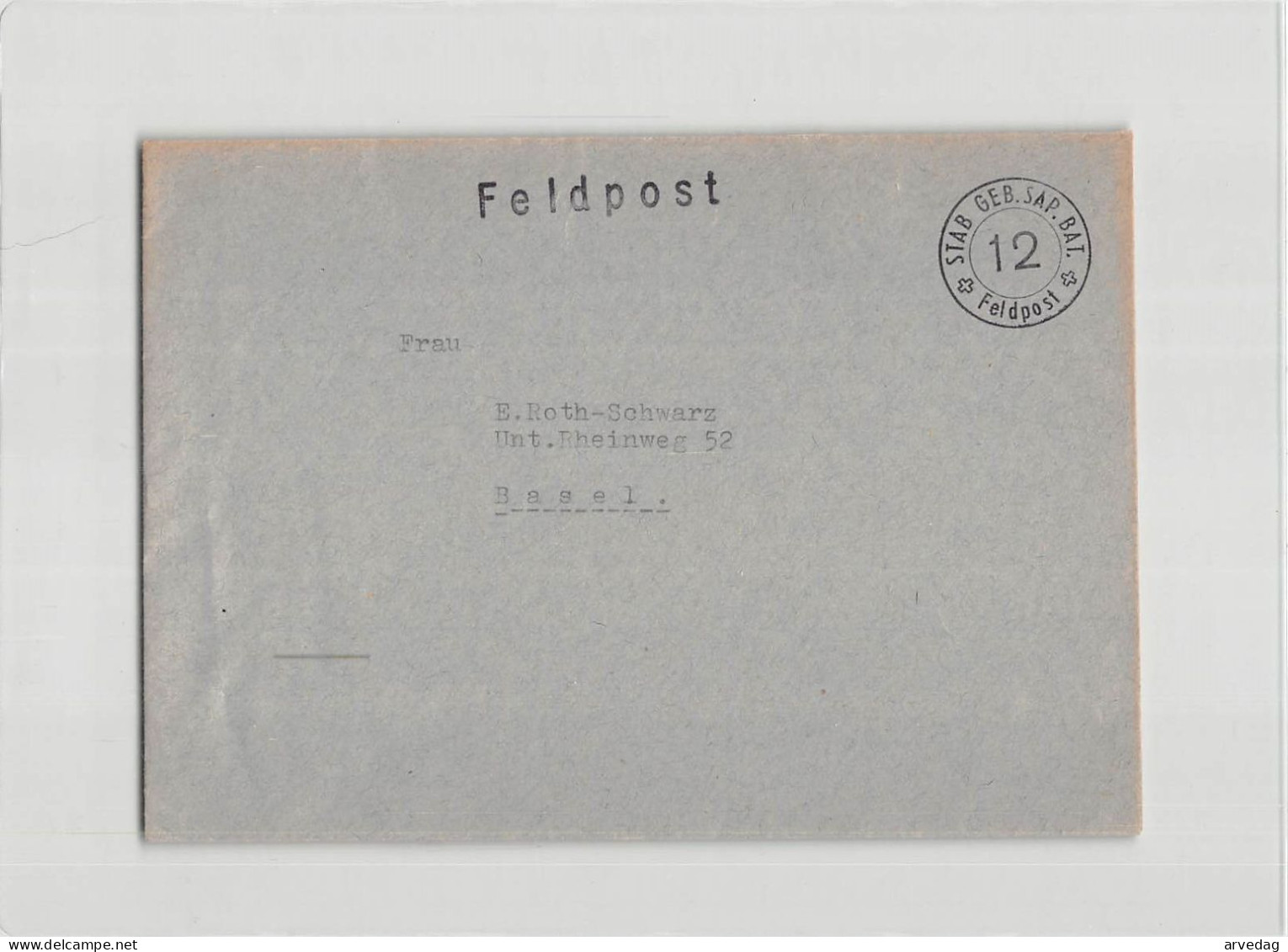 AG2589 HELVETIA FELDPOST 12 STAB. GEB. SAP. BAT.  TO BASEL - Sellados