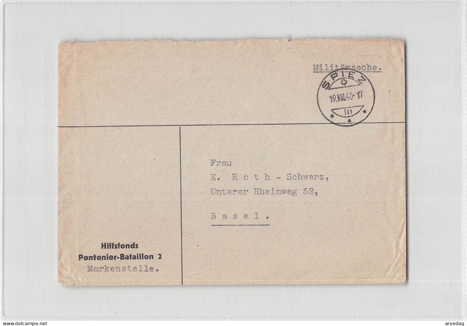 AG2591 HELVETIA FELDPOST HILFSFONDS PONTONIER - BATTALION 2 - MARKENSTELLE - MILITARSACHE - SPIEZ TO BASEL - Postmarks