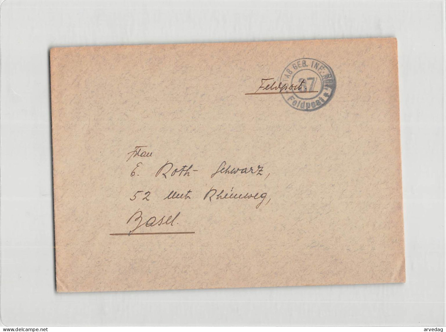 AG2593 HELVETIA FELDPOST 37 STAB. GEB. INF. ABT. TO BASEL - Poststempel