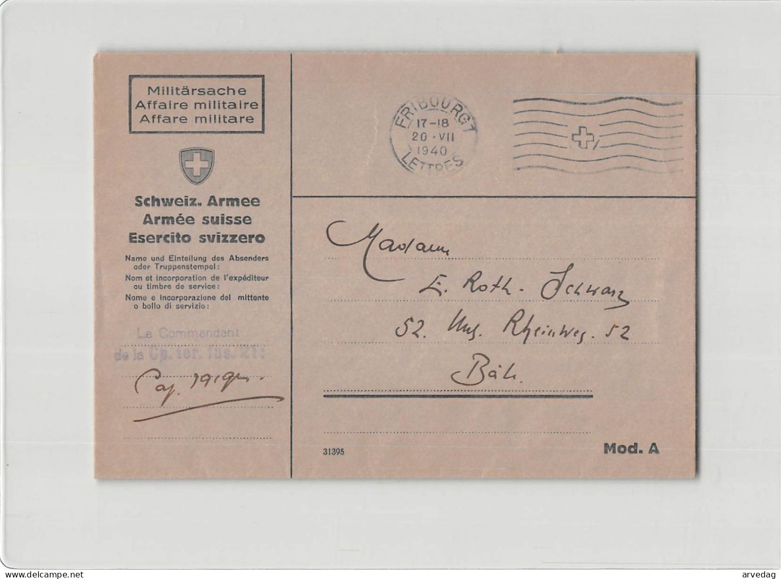 AG2594 HELVETIA  AFFAIRE MILITAIRE ARMEE SUISSE CP. TER FUS. 21 - FRIBURG TO BALE - Poststempel