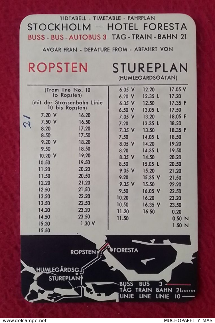 TARJETA CARD STOCKHOLM HOTEL FORESTA ESTOCOLMO SUECIA SWEDEN TIMETABLE HORARIOS..ROPSTEN STUREPLAN..BUSS BUS AUTOBUS.. - Europe