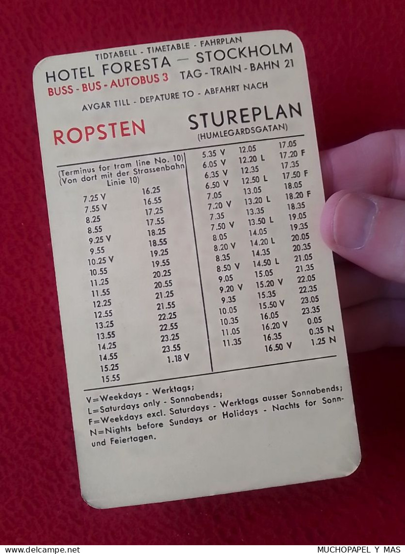 TARJETA CARD STOCKHOLM HOTEL FORESTA ESTOCOLMO SUECIA SWEDEN TIMETABLE HORARIOS..ROPSTEN STUREPLAN..BUSS BUS AUTOBUS.. - Europe