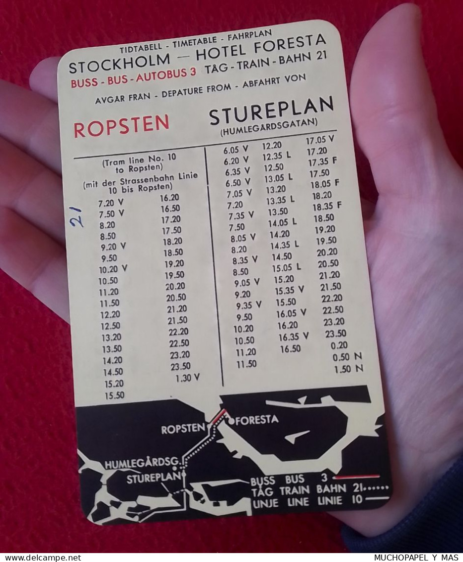 TARJETA CARD STOCKHOLM HOTEL FORESTA ESTOCOLMO SUECIA SWEDEN TIMETABLE HORARIOS..ROPSTEN STUREPLAN..BUSS BUS AUTOBUS.. - Europe