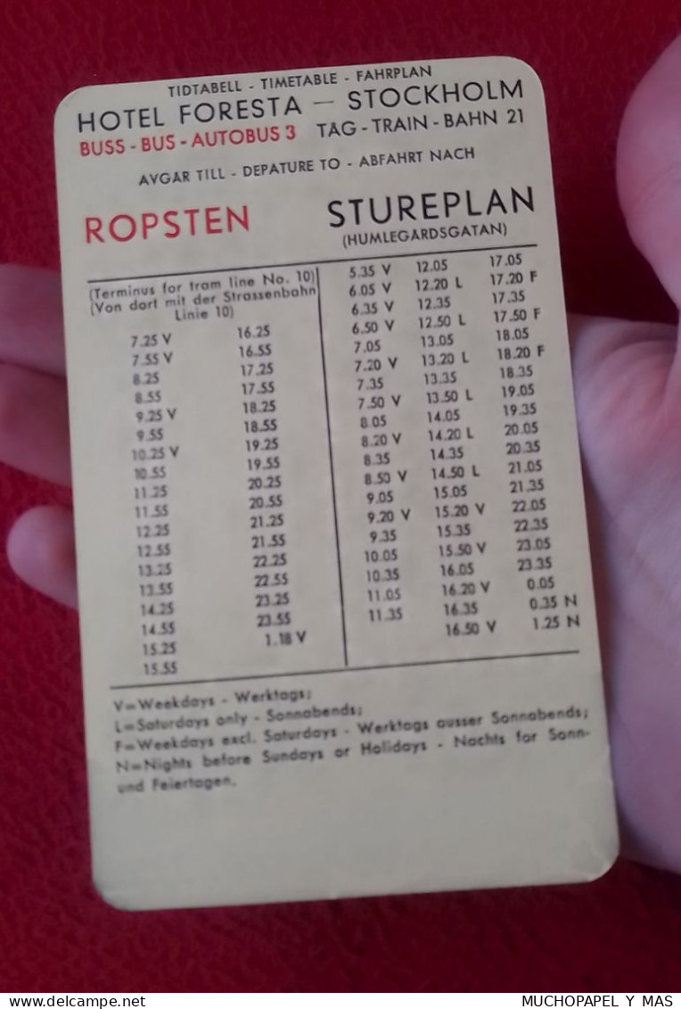 TARJETA CARD STOCKHOLM HOTEL FORESTA ESTOCOLMO SUECIA SWEDEN TIMETABLE HORARIOS..ROPSTEN STUREPLAN..BUSS BUS AUTOBUS.. - Europa