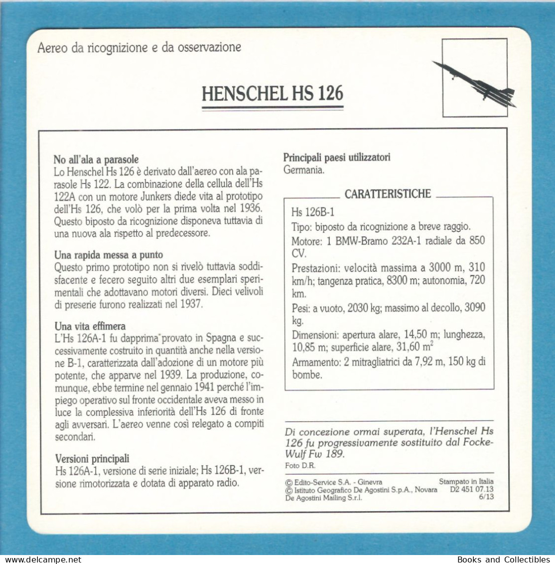 DeAgostini Educational Sheet "Warplanes" / HENSCHEL HS 126 (Germany) - Aviation