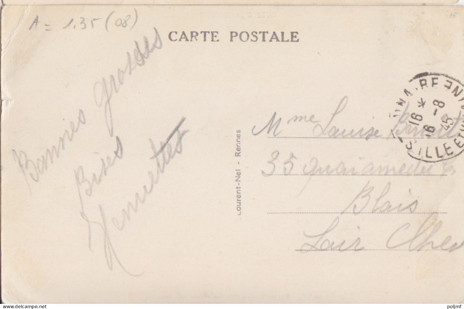 CP (Pointe Du Décollé) Obl. St Lunaire Le 16/8/45 Sur 1f Dulac Violet N° 689 Pour Blois - 1944-45 Marianne (Dulac)