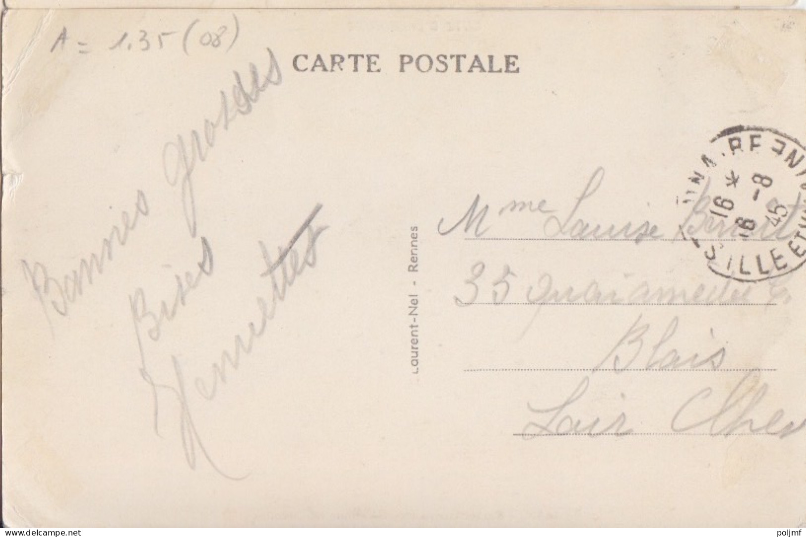 CP (Pointe Du Décollé) Obl. St Lunaire Le 16/8/45 Sur 1f Dulac Violet N° 689 Pour Blois - 1944-45 Marianne Of Dulac