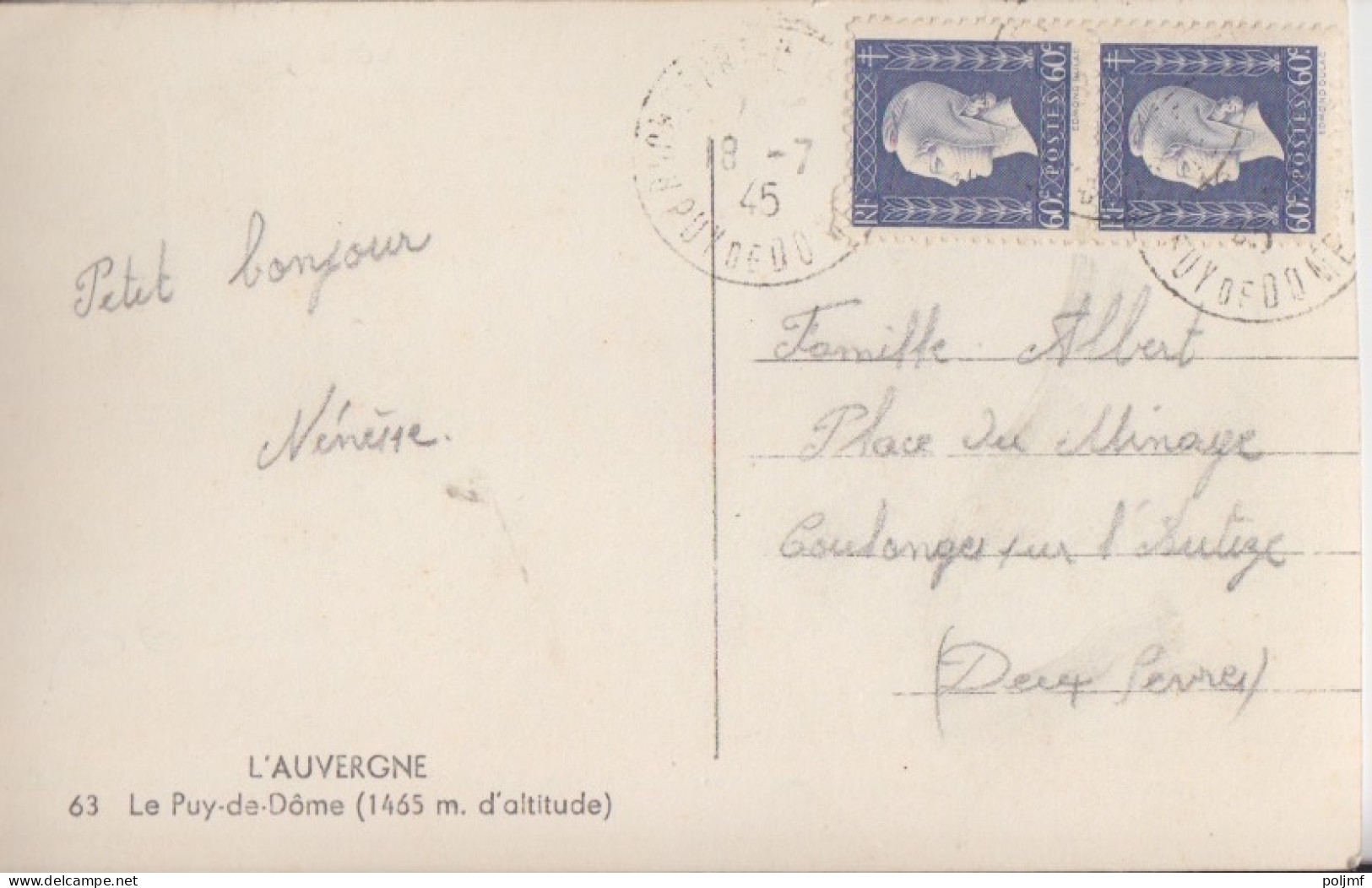 CP (Le Puy De Dôme) Obl. Ste Pazanne Le 18/7/45 Sur 60c Dulac Gris X 2 N° 686 Pour Coulonges - 1944-45 Marianne De Dulac