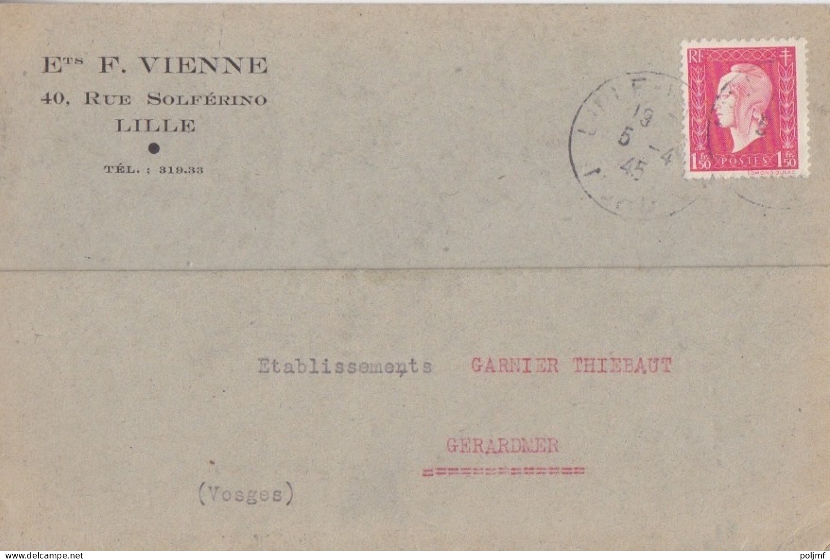 Carte-Lettre (Ets Vienne) Obl. Lillle Entrepôt Le 5/4/45 Sur 1f50 Dulac Rose N° 691 Pour Gérardmer - 1944-45 Marianne Of Dulac