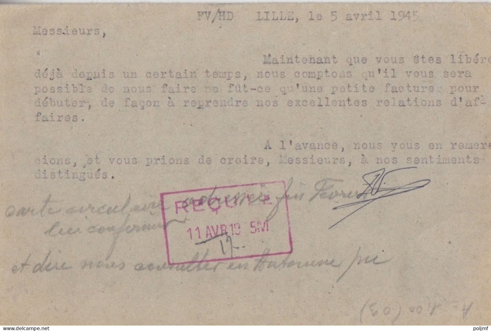 Carte-Lettre (Ets Vienne) Obl. Lillle Entrepôt Le 5/4/45 Sur 1f50 Dulac Rose N° 691 Pour Gérardmer - 1944-45 Marianne Van Dulac