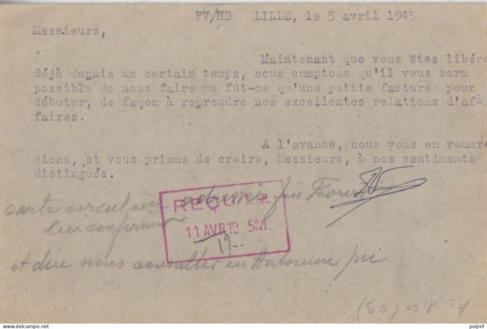 Carte-Lettre (Ets Vienne) Obl. Lillle Entrepôt Le 5/4/45 Sur 1f50 Dulac Rose N° 691 Pour Gérardmer - 1944-45 Marianne Of Dulac