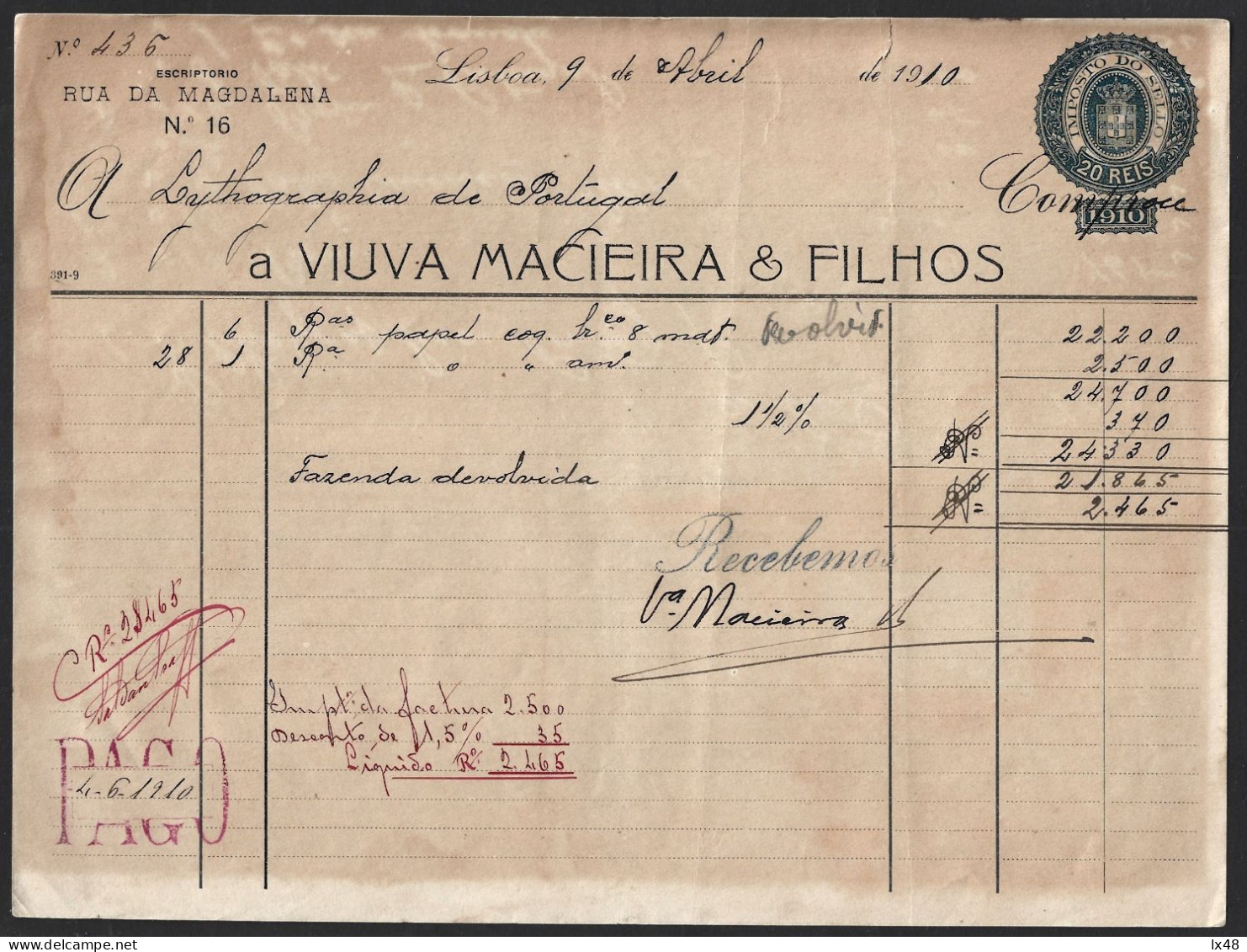 Rare Invoice From 1910. Printed Stamp Duty Of 20 Kings. Coat Of Arms Of King D. Carlos. Lithograph. Macieira & Filhos. - Portogallo